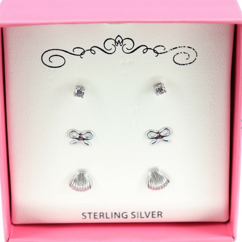 NEW 3 Pair Girls EARRINGS 925 Sterling Silver Rhinestone Studs Bows Shells Boxed